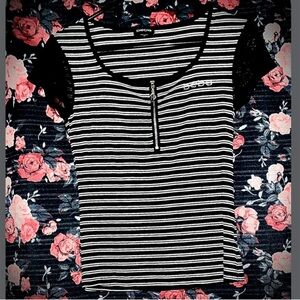 bebe Black and White Striped Top with Zip Detail